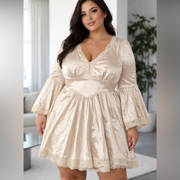 Cider Dresses & Skirts - SOLD Cider 3X Shimmering Satin Lace Cream V-Neck Babydoll Fairy Mini Slip Dress